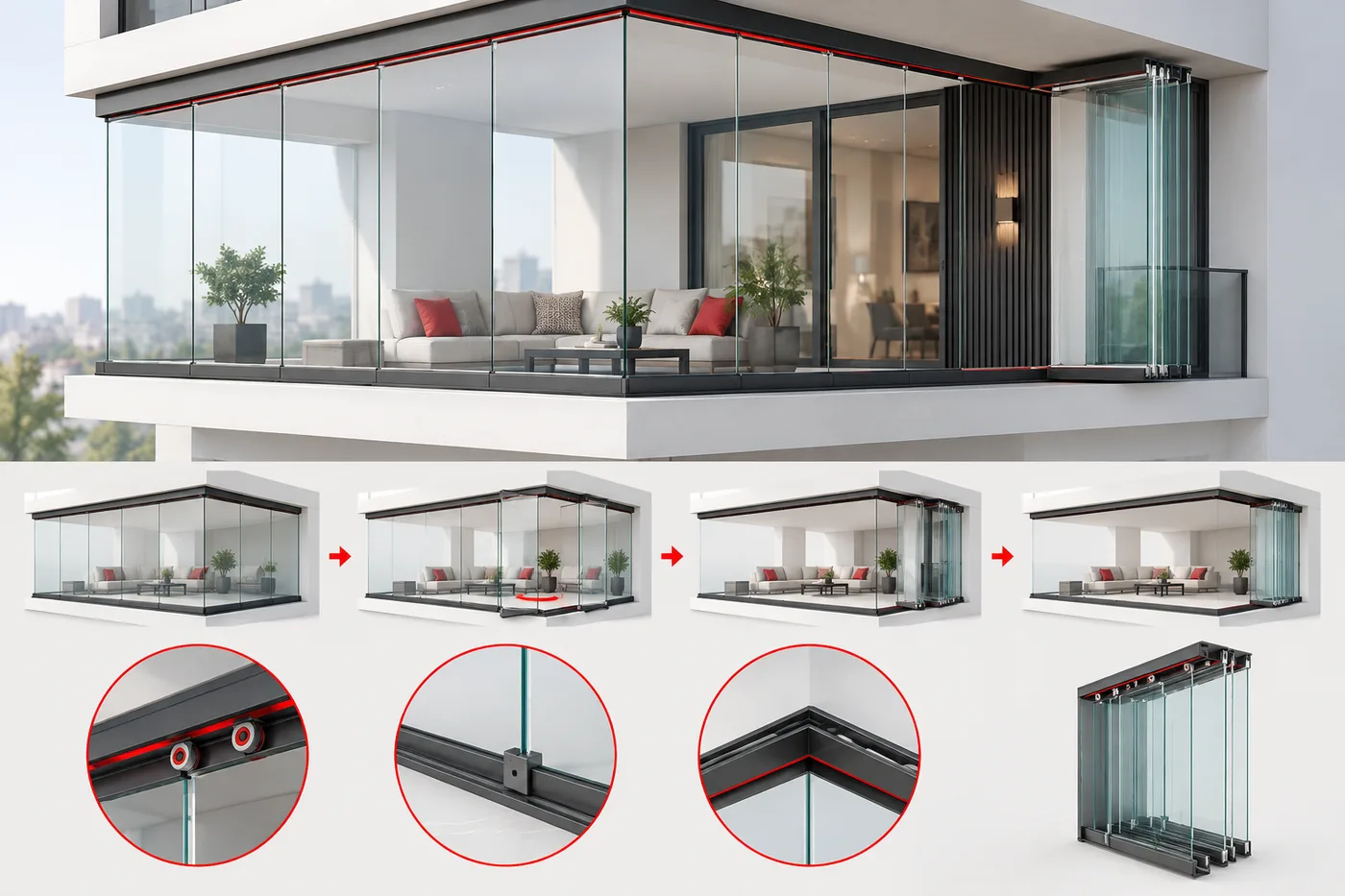 Cam balkon panellerinin ray üzerinde toplanmasını gösteren temsili 3D görsel
